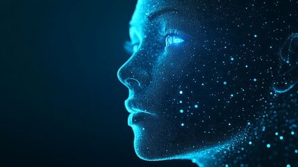 Luminous futuristic AI face with dynamic blue light and particle effects