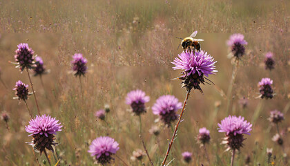 Obraz premium Abeille butinant sur une fleur violette dans un champ