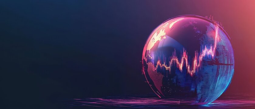 A futuristic globe with vibrant colors displaying a fluctuating graph, representing global data trends and analytics.