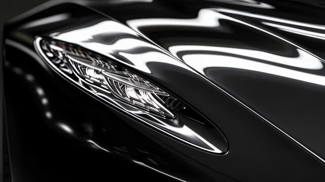 The sleek lines and reflective surfaces of a modern car are highlighted in this close up shot, emphasizing the intricate design of the headlight