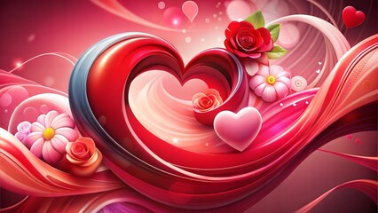 Flowing Hearts and Roses with Red Flowers on Valentine Background