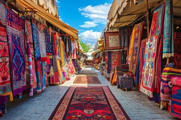Fototapeta premium Lively Cloth Market Showcasing Handmade Textiles and Artisan Creativity