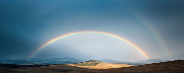 A breathtaking landscape featuring a vibrant rainbow arching over rolling hills under a dramatic sky