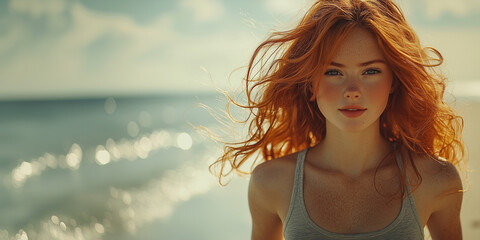 Naklejka premium A woman with red hair stands on a beach. The sky is cloudy and the water is calm.