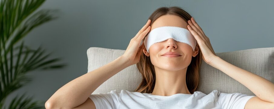 Young woman applying warm compress to her eyes in a serene environment, representing rest for strained vision Eye strain relief, vision care, resting