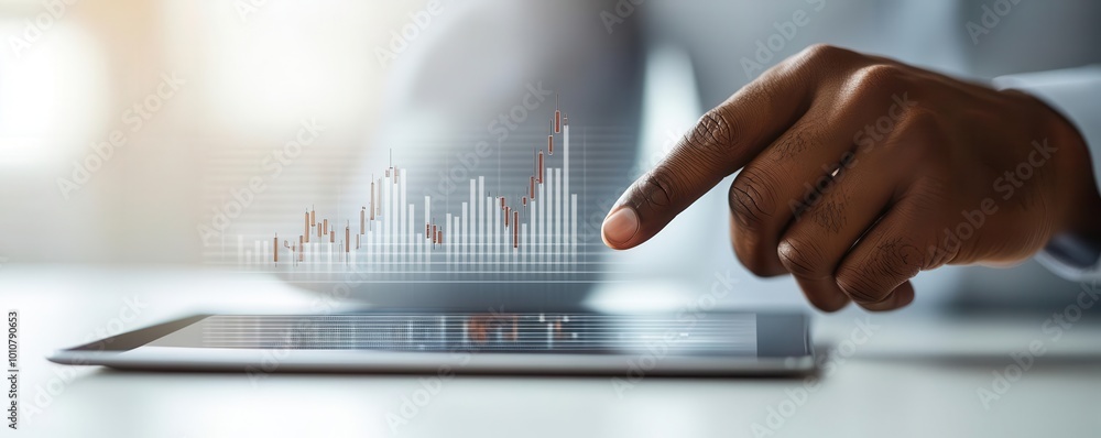 Poster a hand interacting with a tablet displaying financial data, symbolizing technology and business anal