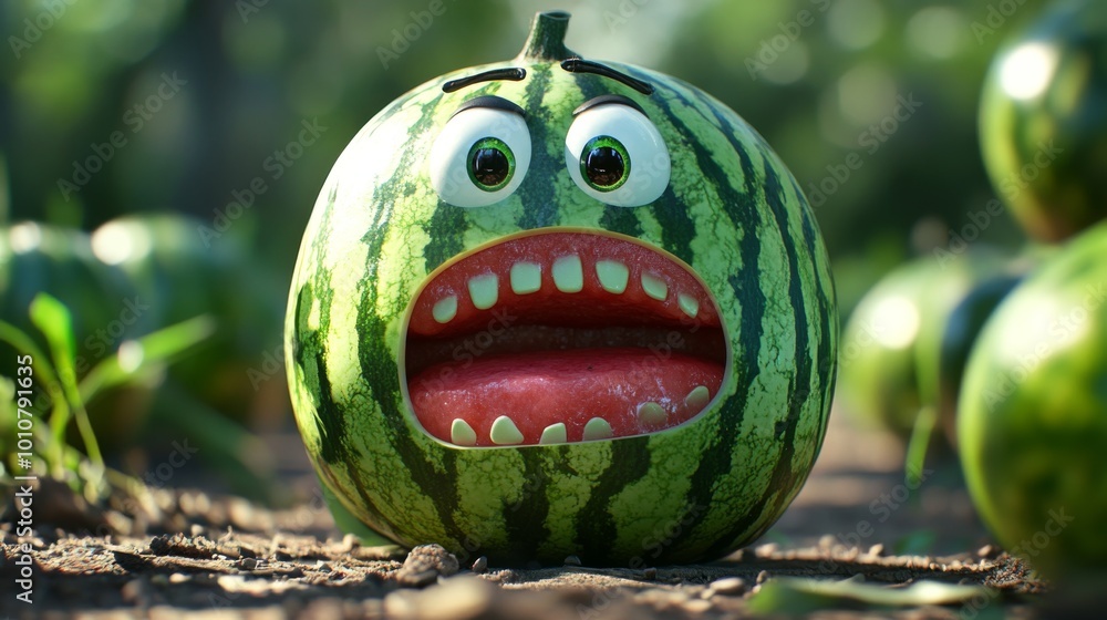 Poster Animated watermelon character with a shocked expression in a garden setting. The vivid colors and expressive face make it ideal for children. AI Generation