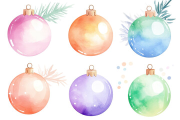 Obraz premium Watercolor illustration of Christmas ornaments in vibrant blue, pink, and purple hues, decorated with snowflakes, isolated on white. Concept of festive winter decor. 