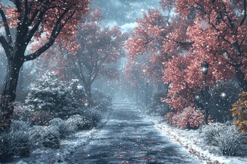 A serene winter scene featuring vibrant pink trees blanketed in fresh snow, creating a magical pathway through a snowy forest