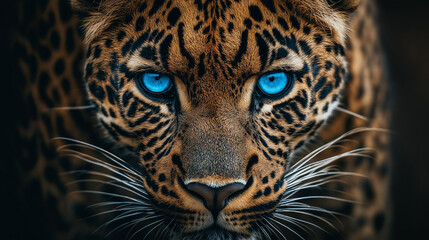 Obraz premium A leopard with striking blue eyes looks directly at the camera