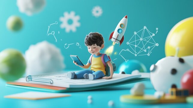 online education, back to school. boy doing homework on smart phone with flying rocket and mathematic formula for imagination and knowledge. 3D vector.