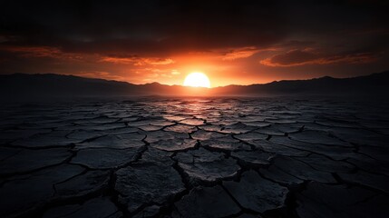 A stunning sunset over a cracked landscape, showcasing the beauty of nature's resilience in an arid environment