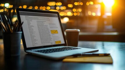 Emails displayed on a laptop screen isolated on an office desk background, 3D, 8k resolution.