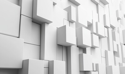 3D blocks of different shapes and sizes interlock to create a wall. White Tech background with copy-space