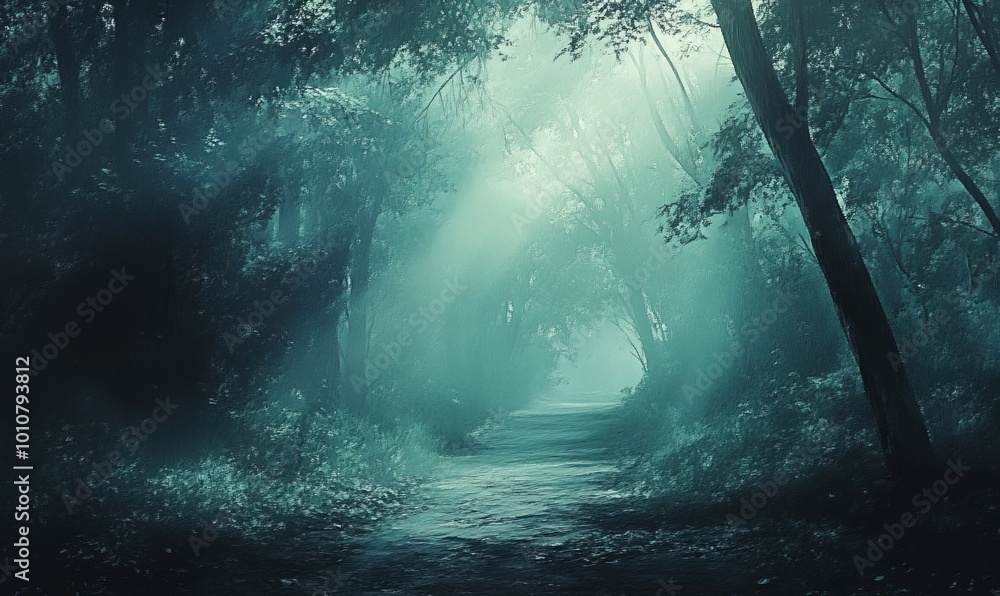 Poster a dark forest with a path through it