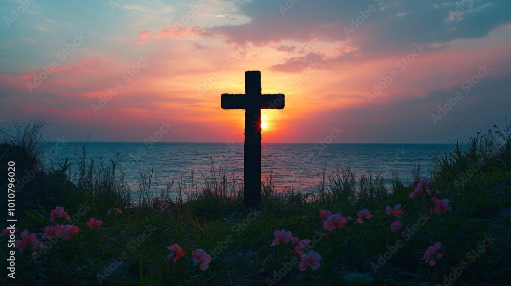 Poster Cross Silhouette at Sunset by the Ocean