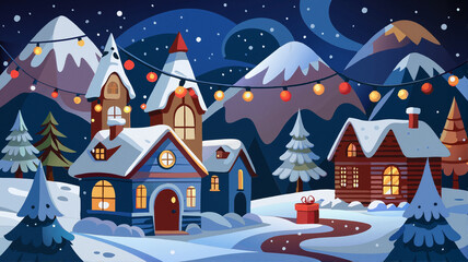 Fototapeta premium Festive winter village with string lights and mountains