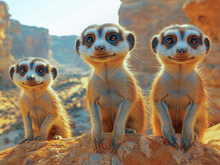 Three Cheerful Meerkats in the Desert Sun 