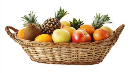 A wicker basket filled with fresh fruits including pineapples, apples, oranges, and pears.