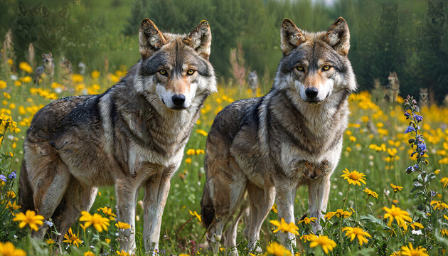 Loups majestueux dans un champ de fleurs sauvages