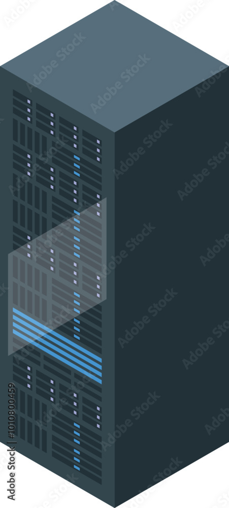 Poster modern server tower is storing big data with indicator lights flashing in an isometric view