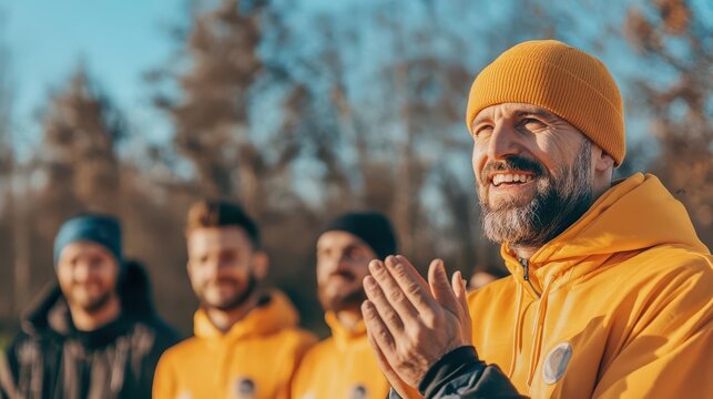 Coach clapping and motivating players during a pregame warmup, soccer, coaching, preparation