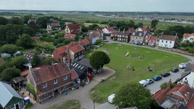 Panning drone aerial Walberswick Village England Suffolk coast drone,aerial