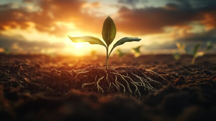 A tiny seedling with visible roots breaks through the soil, bathed in the soft glow of a setting sun. This serene image symbolizes hope, growth, and the beginning of a new life in a calm and natural