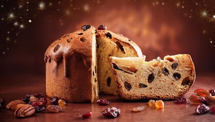 Christmas Panettone with raisins on a bright background