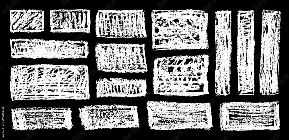 Poster chalk grunge rectangles set. chalkboard sketches. grunge rectangular shapes collection. white chalk 