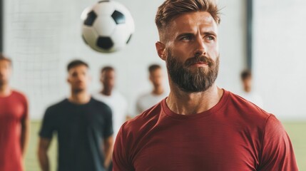 Soccer coach adjusting the positioning of players during a practice drill, focused and attentive, soccer, coaching, training