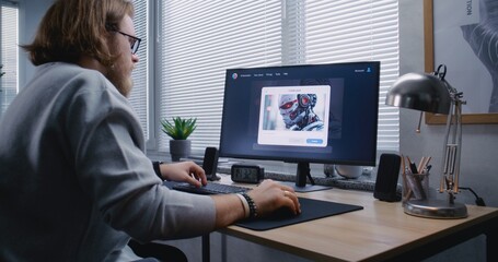 Adult man types prompt in artificial intelligence chatbot on PC. Advanced AI image generator app...