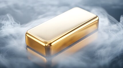 A gleaming gold bar rests on a misty surface, exuding opulence and wealth in a striking visual.
