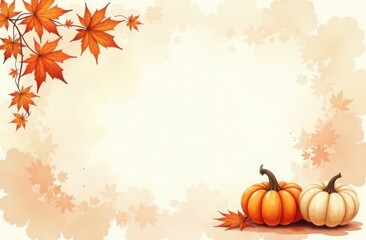 Thanksgiving autumn background, empty frame, banner, artsy, pumpkins and maple leaves