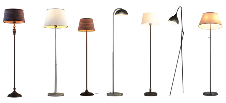 Set of various decorative modern floor lamps isolated on transparent background. 