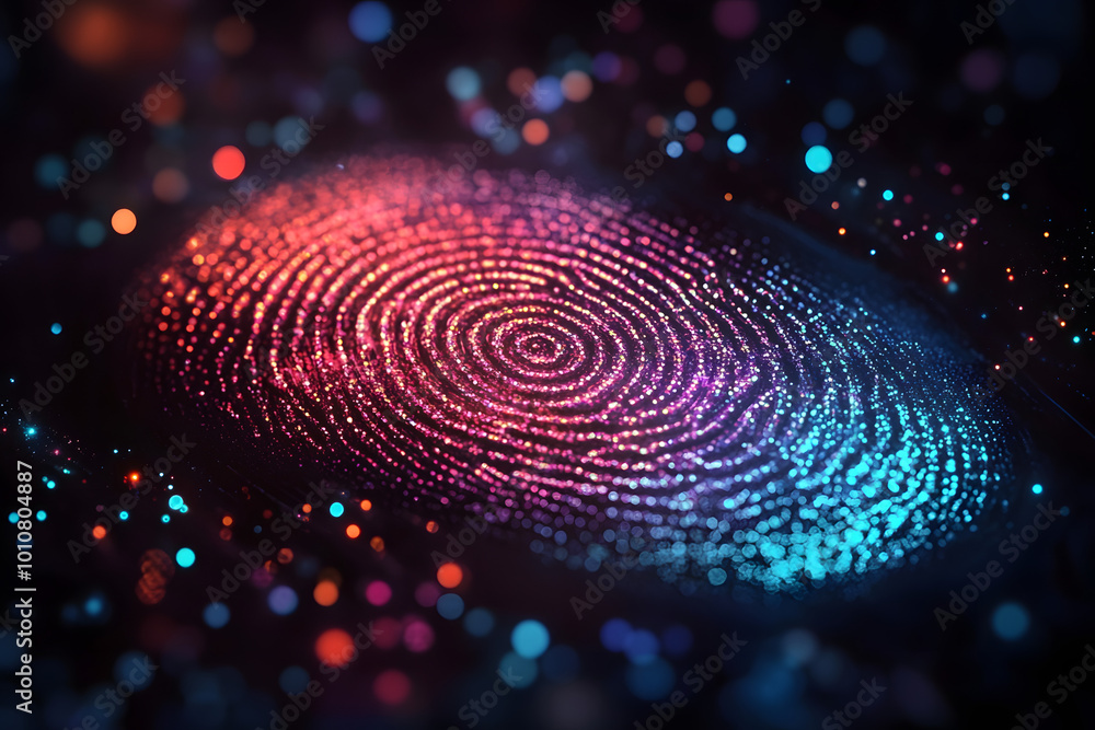 Poster colorful fingerprint design created with glowing dots against a dark background