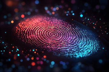 Colorful fingerprint design created with glowing dots against a dark background
