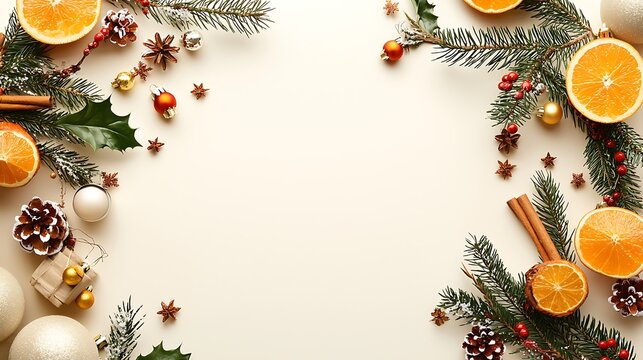 Festive Christmas Border with Oranges  Pine Cones  and Cinnamon Sticks