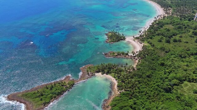 Amazing landscape of Playa Los Coquitos beach and coast, Cabrera in Dominican Republic. Aerial high angle