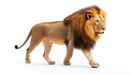 A 10-year-old lion strides confidently, showcasing its majestic mane against a white background.