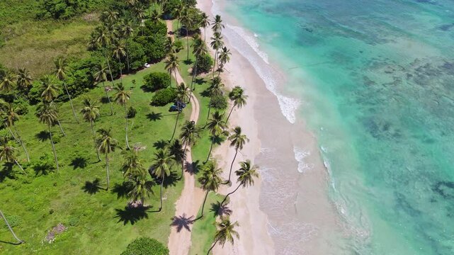Playa Los Coquitos beach, Cabrera Maria Trinidad Sanchez in Dominican Republic. Aerial top-down orbiting