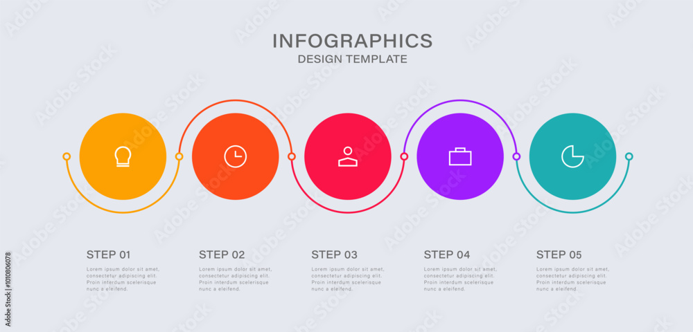Poster 5 circles arranged in a row with a curved thin line. infographic design template with 5 options, ste