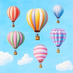 Fototapeta premium Colorful hot air balloons floating in a blue sky with fluffy clouds.