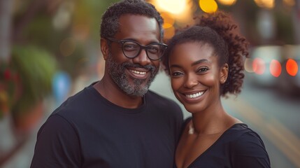 Fototapeta premium Smiling Couple in City Street at Sunset