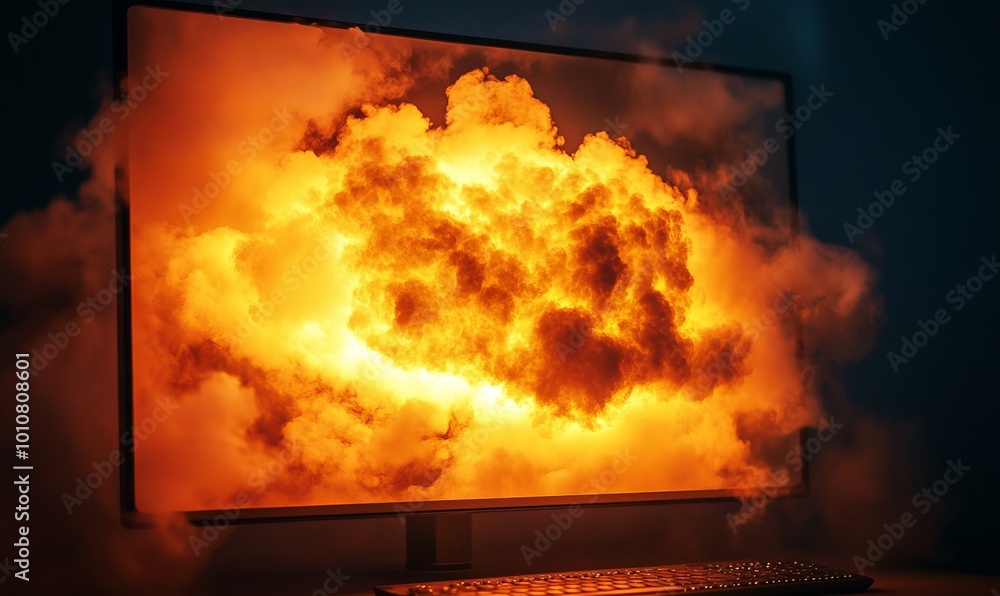Poster a cloud is displayed on a computer screen with a bright orange glow