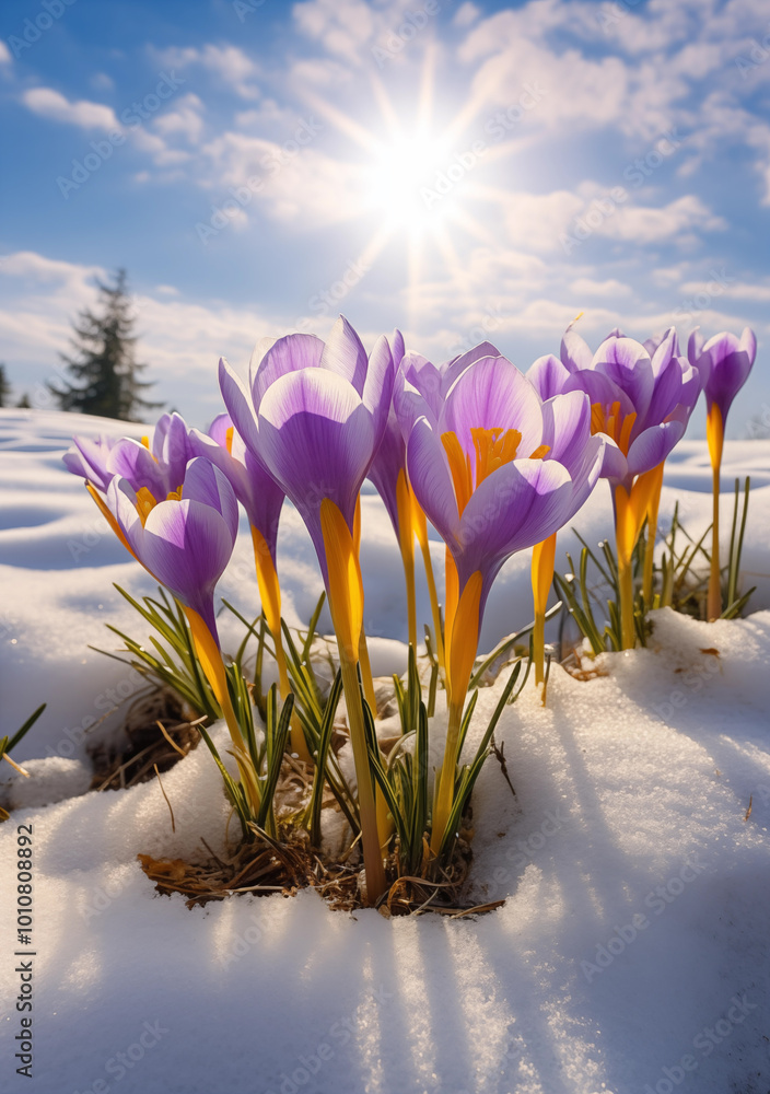 Wall mural a vibrant cluster of purple crocuses bloom among the melting snow in a sunny spring field.