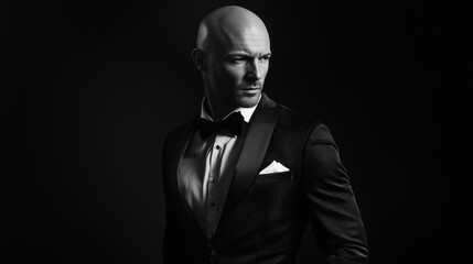 Fototapeta premium Bald Man in Tuxedo, Fashion Portrait in Dramatic Studio Lighting