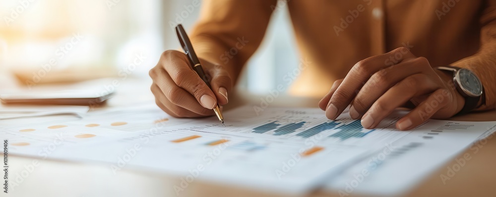 Poster a person analyzing data and taking notes with a pen, showcasing financial insight and productivity i