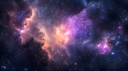 Fototapeta premium Vast cosmic nebula with vibrant purple, pink, and blue hues glowing softly against a starry sky.