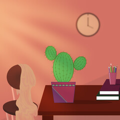 A room with a cactus on the table